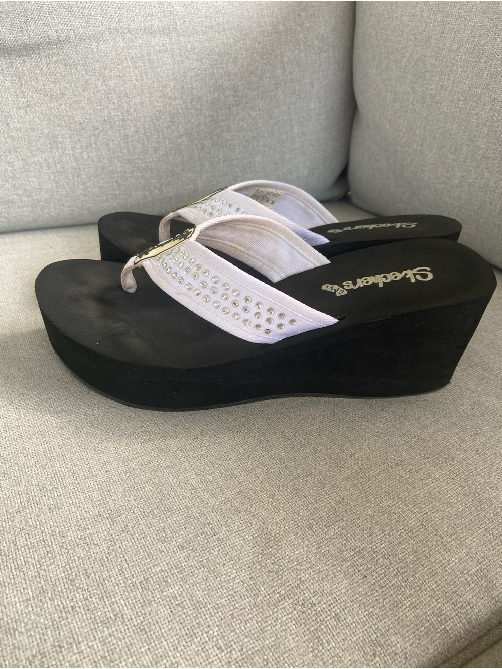 Skechers Black Platform Wedge Thongs with White Studded Straps
